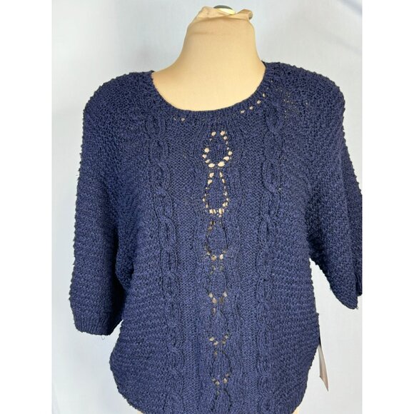 NWT Carole Little Hand Knit Navy Blue Sweater M Medium Cotton/Ramie/Rayon Blend - Picture 2 of 10